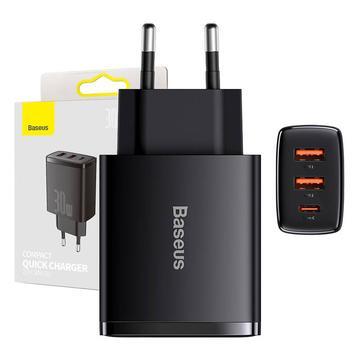 Baseus Compact Hurtiglader 30W - USB-C PD, 2xUSB - Svart