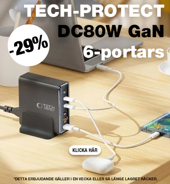 Tech-Protect DC80W GaN 6-portars stationär laddare